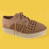 Womens Suede Hollow lace up tan platform espadrilles shoes