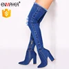 Chunky heel jeans boots ripped jeans women boots over knee tight lady boot shoes