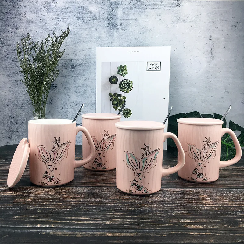 

Promotional gifts pink mermaid tails coffee mug water ceramic tea cup with lid