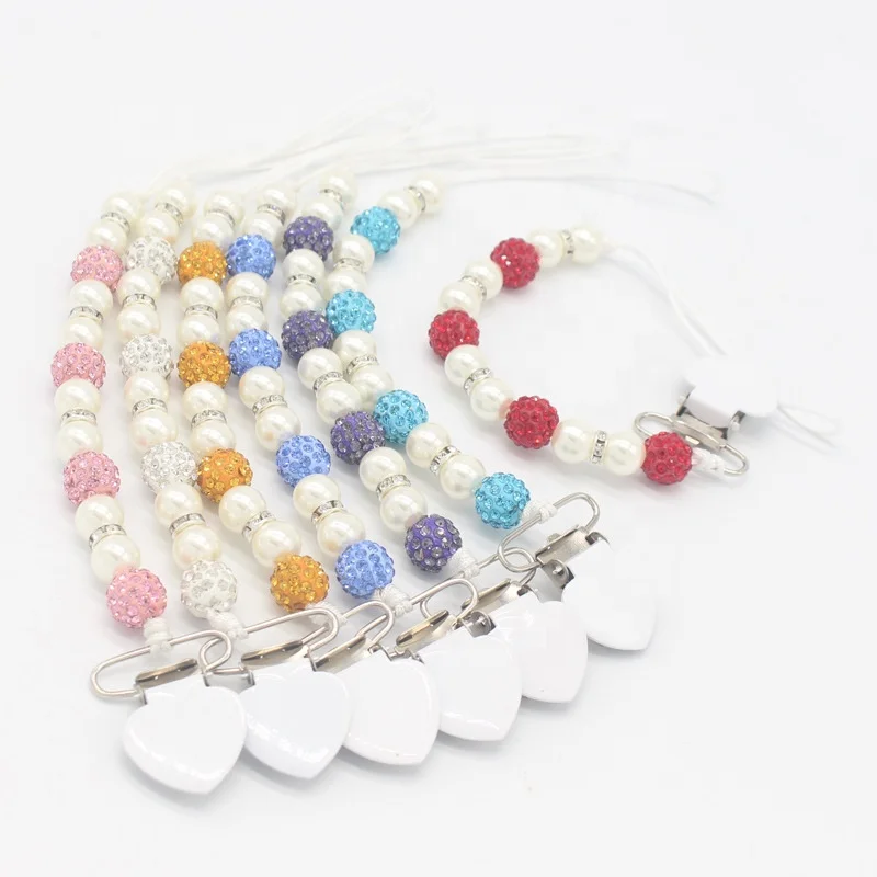 

Wholesale Heart Shaped Baby Soother Metal Clip Faux Pearl Rhinestone Beaded Dummy Pacifier Clip Chain Holder