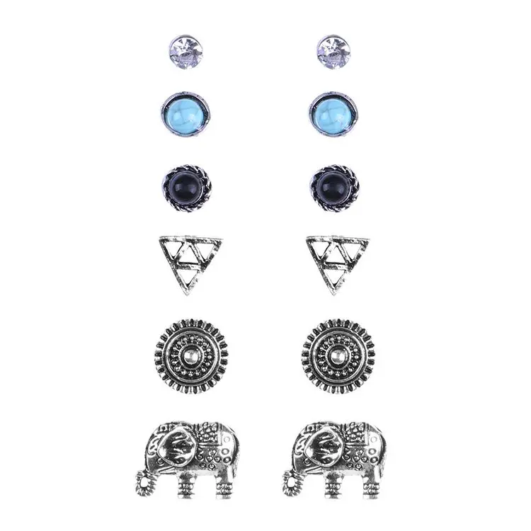 

6pairs/set Boho Earrings Antique Silver Color with Rhinestone Red Blue Stone Cute Round Triangle Stud Earrings sets, Same as picture