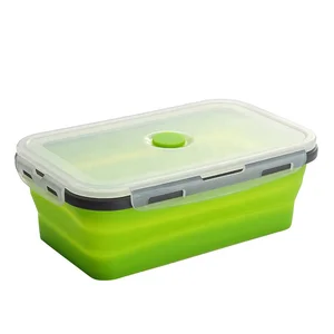 Image of portable eco friendly food storage container silicone folding collapsible foldable children kids bento lunch box set with lid