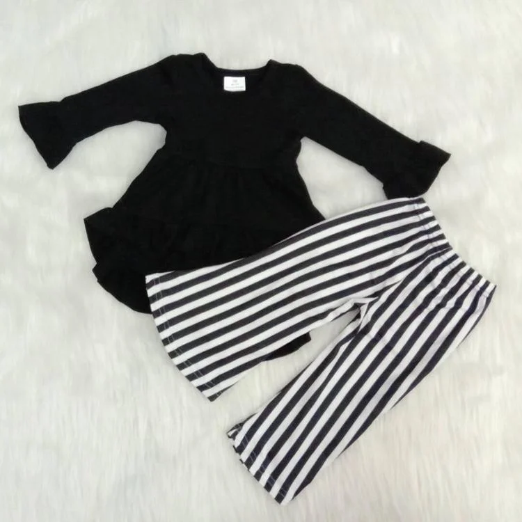 

Baby girls Black hi-low tunic long sleeve with bell stripes bottom pants boutique outfits kids fall clothing sets