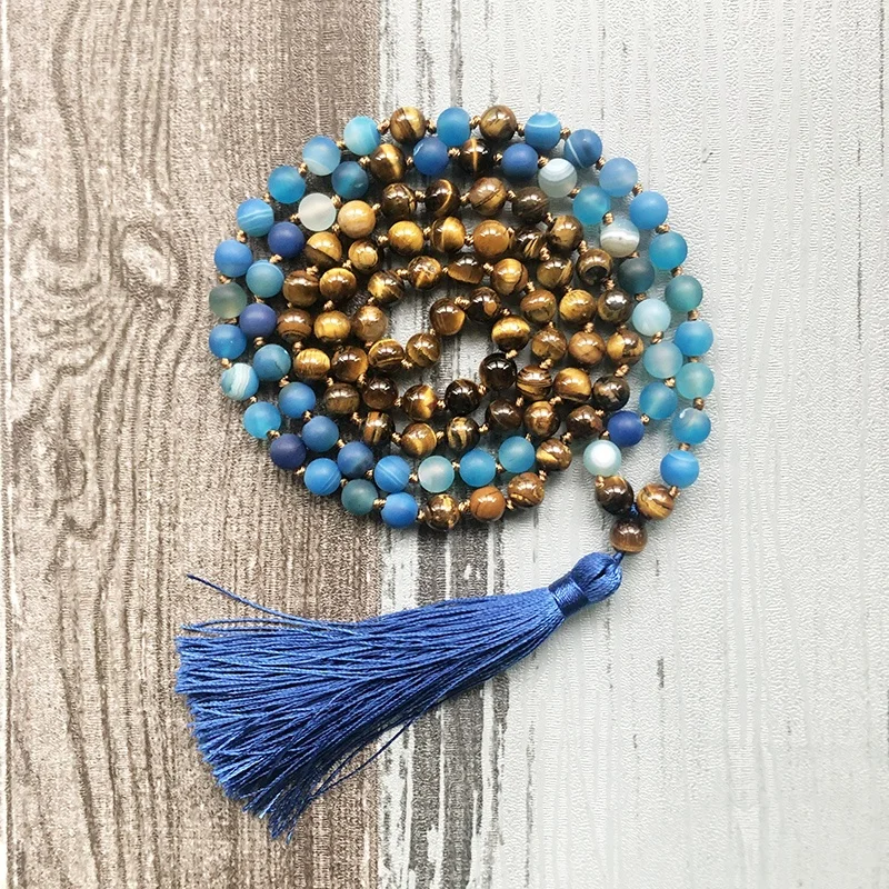 

ST0600 Handmade Tassel Necklaces Yoga Jewelry Mala Beads Necklace 108 Matte Blue Stripe Agate & Tiger's Eye Mala Necklace, As picture