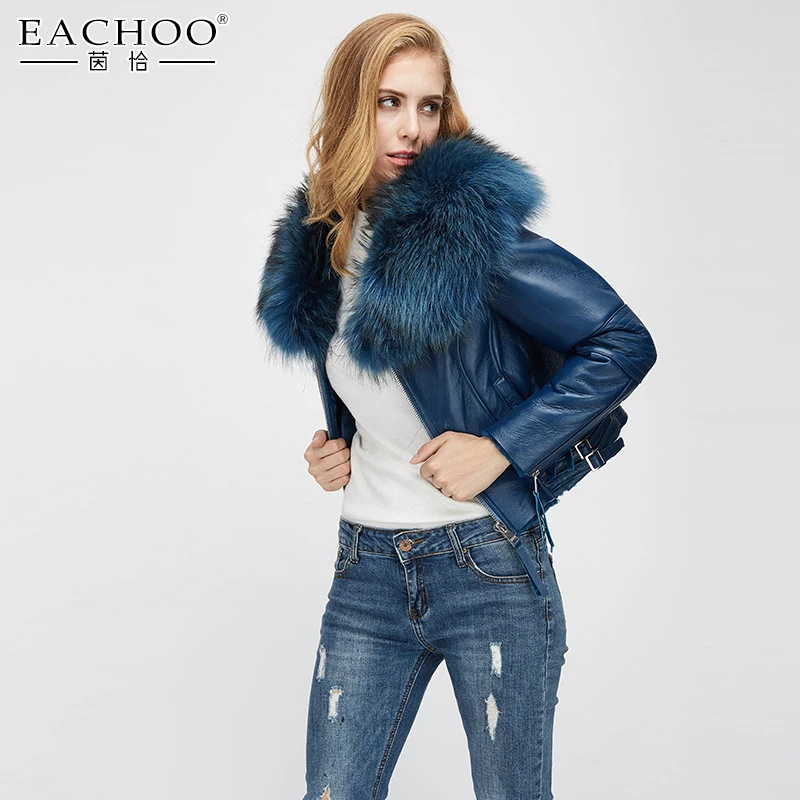 

EACHOO Fashion Real Fur Coat Excellent Quality Winter Warm Lamb Skin Leather Jacket, Black/blue/green/sliver