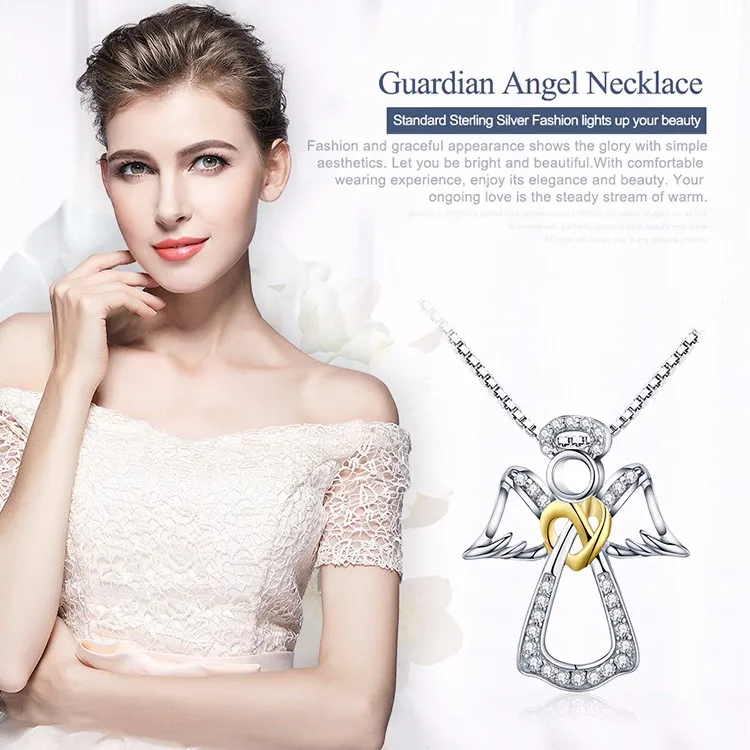 

Authentic 925 Sterling Silver Guardian Angel Heart Pendant Necklaces CZ Jewelry Gift