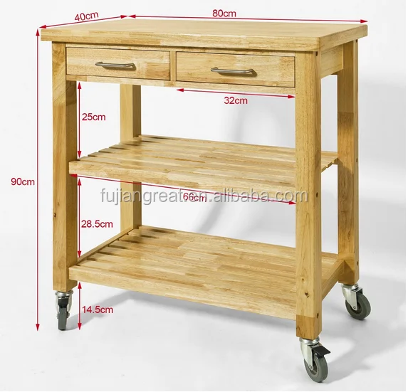 Rubber hout keuken trolley winkelwagen met twee laden & planken ...