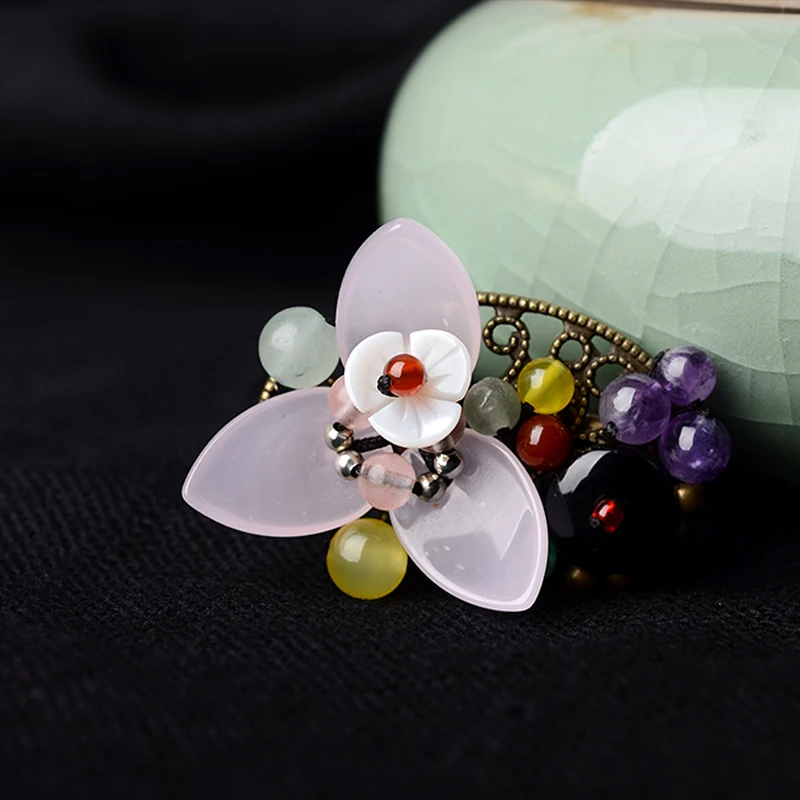 

Purple crystal Fashion sea shell vintage brooch,glass glazed flowers ethnic brooch pins, new nature stones brooch