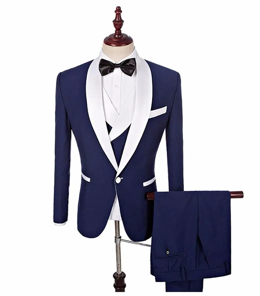 

New Arrival Men's Suit Blue Groom Tuxedos Terno White Shawl Lapel Men Suits With Pants Wedding Business Suit(Jacket+Pants+Vest), Blue / customizable