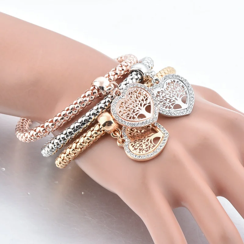 

Stretch Bracelets 3pcs Gold Silver Plated Charm Luxury Multilayer heart Life Tree Corn Bracelet for Women, As photo