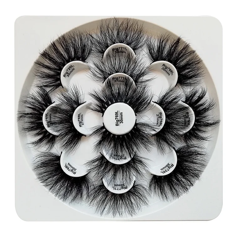 

2019 New Products 25MM 27MM 30MM Big 7 Pair 3D Mink False Eyelashes Eyelashes With Flower Trays Packaging, Natural black