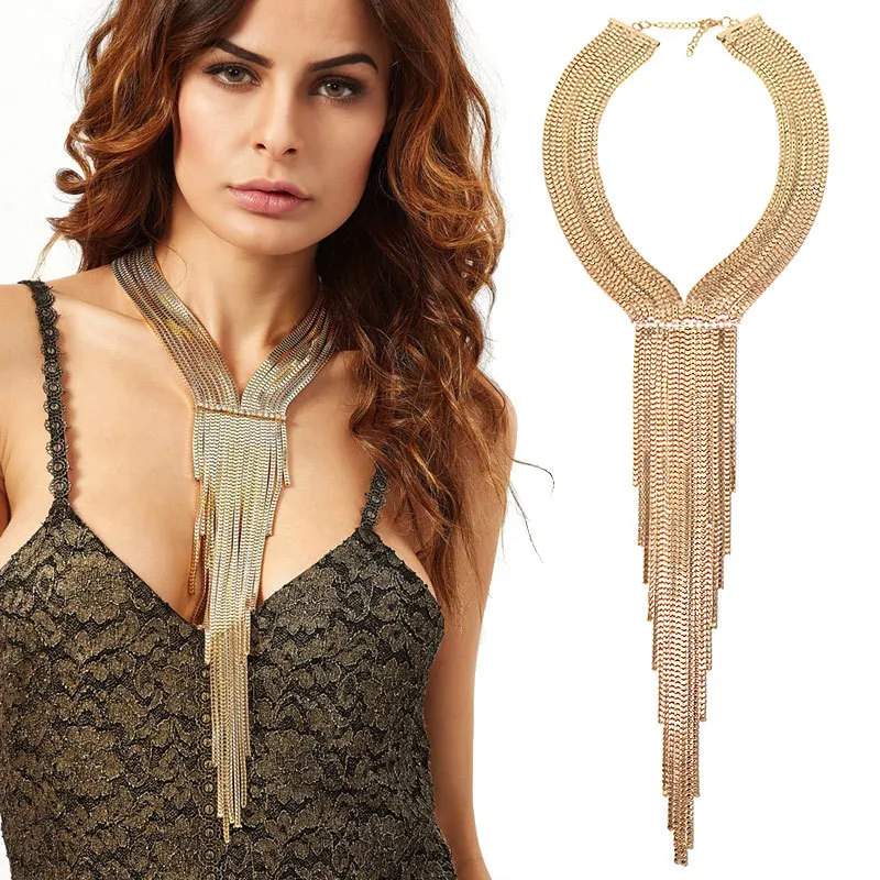 HANSIDON Fashion Chain Tassel Collar Rhinestones Long Necklaces Big Statement Jewelry Women Evening Dress Accessories Maxi Bijou, Gold