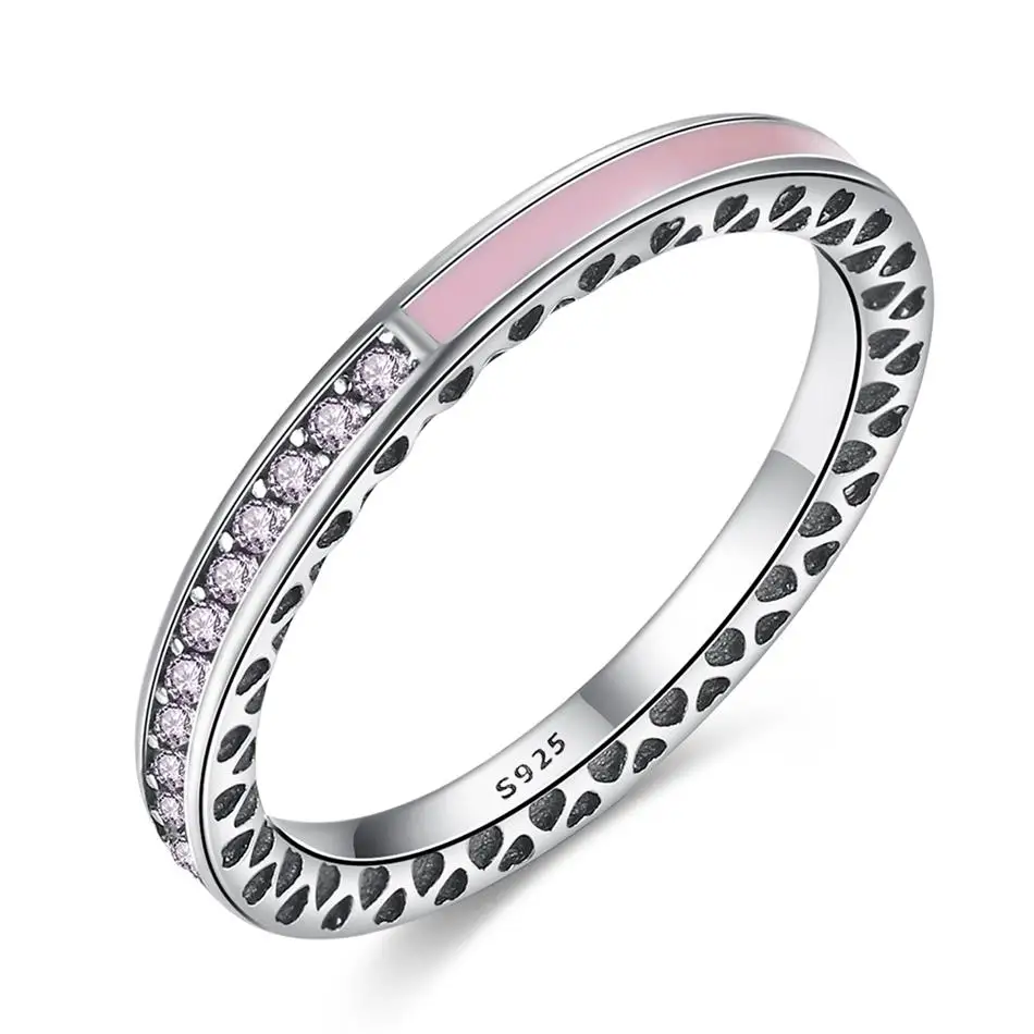 

Fashion 925 Sterling Silver Pink Enamel Rings Openwork Heart Clear CZ Finger Ring for Women Wedding Engagement Bridal Jewelry