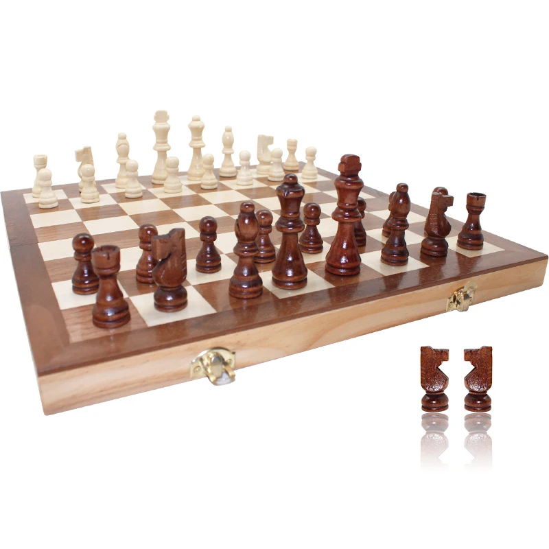 

Wooden Chess with storage interior felt Folded Game Board, As pictures