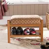 American country style solid wood and woven fabric shoe rack bench with seat