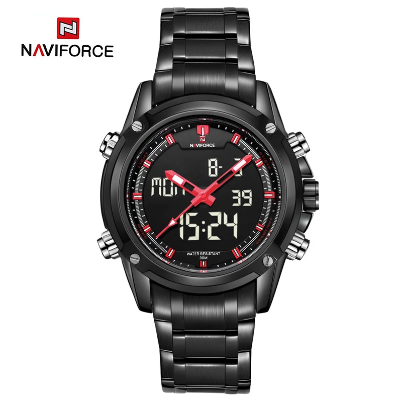 

9050 NAVIFORCE men Sports watches Black steel Dual time Digital Quartz Watch waterproof casual japan movt wrist Watch, Same colors with picture