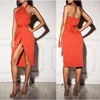new woven bodycon dress with a faux wrap bodice and waist straps and snaps on the back elastic back and fully lined prom dress