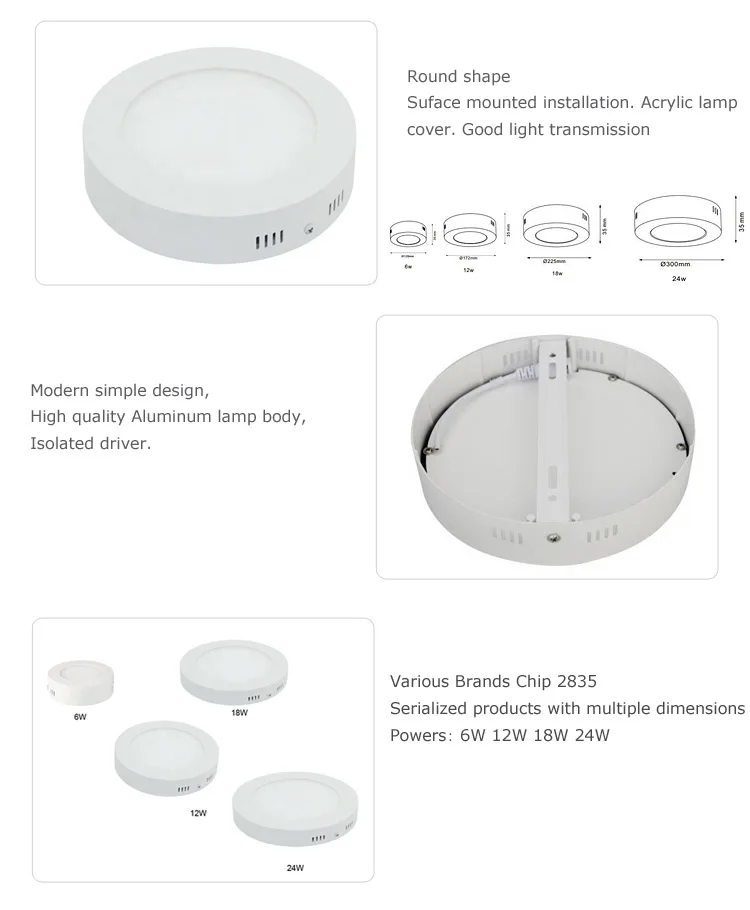 Modern Round Commercial Indoor Surface Mounted Ip20 6w 12w 18w 24w Led ...