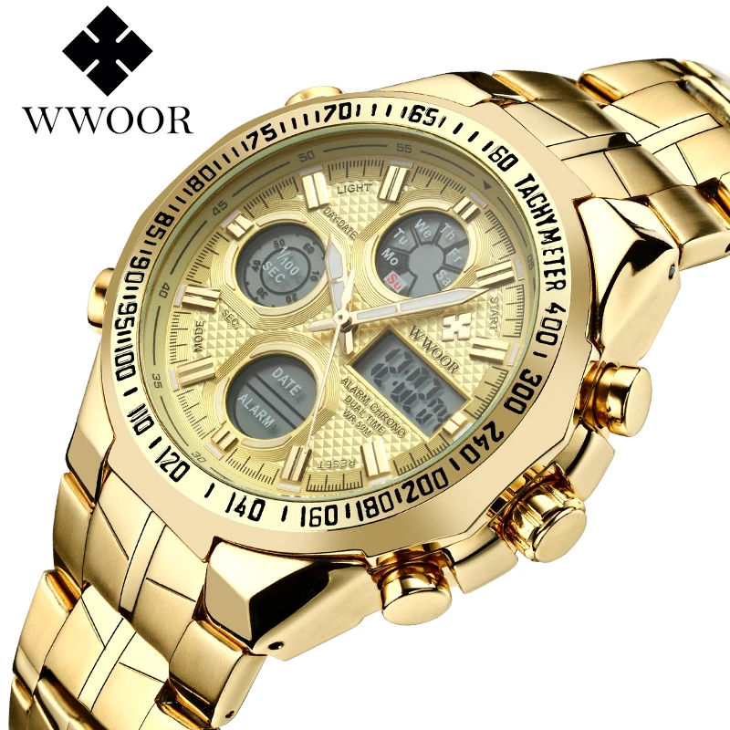 

WWOOR brand Chinese analog digital waterproof Led sports big dial stylish quartz gold chronograph mens wristwatch oem watch, Full gold / gold black / gold white / blue / black / white