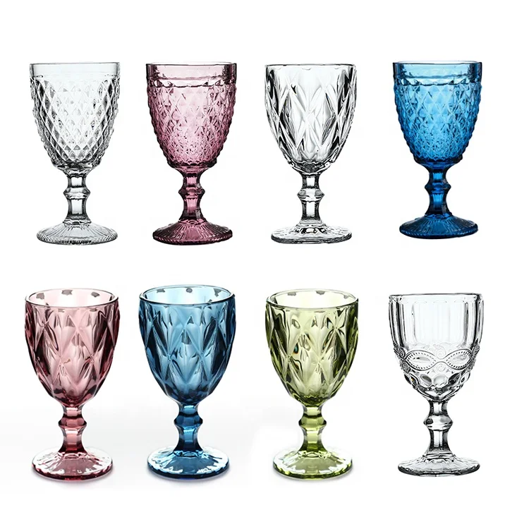 Embossed Vintage colored goblet wine glass for Water and juice