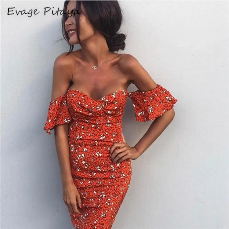 

Stretchy Off shoulder Frilled cuffing Zip at rear Pattern Midi length Light padding beach party dress, Print