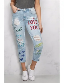 Royal Wolf Denim Jeans Manufacturer Blue Loose Fit Graffiti Design Women Printed Jeans - Buy 