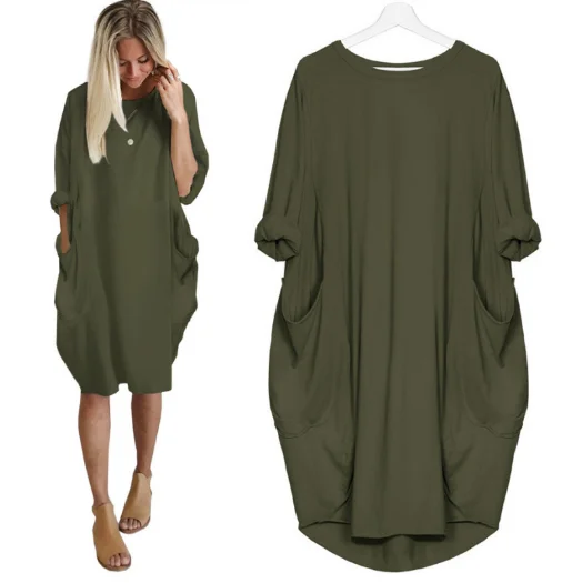 

2019 Spring New Design Round neck pullover long sleeve mid-length knit dress, Many colors or customize