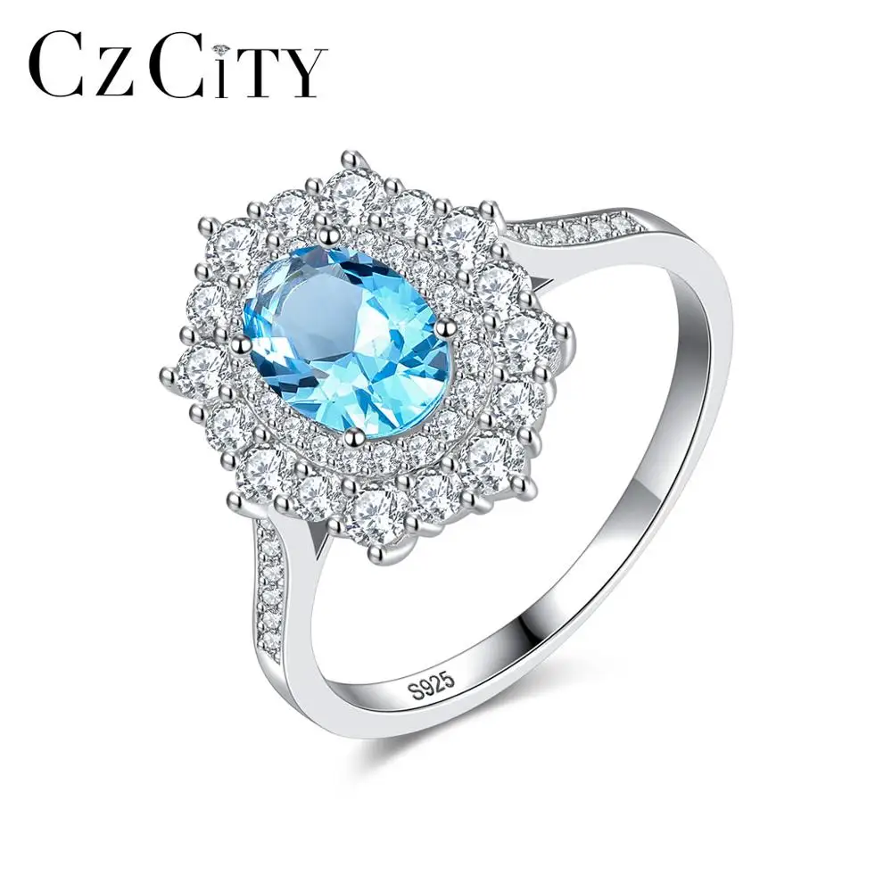 

CZCITY 925 Silver Blue Topaz Ring Classic Diamond Style Topaz Rings Jewelry