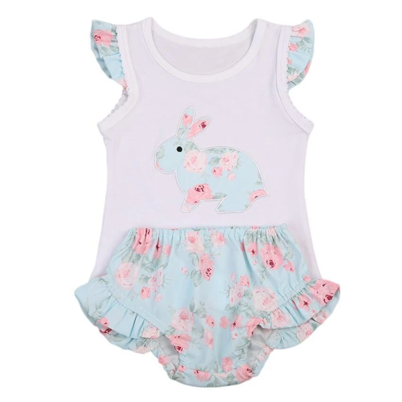 

Newborn Baby Girl Easter Outfit Sleeveless Bunny Bodysuit Tops+Floral Tutu Shorts 2Pcs Clothes Set