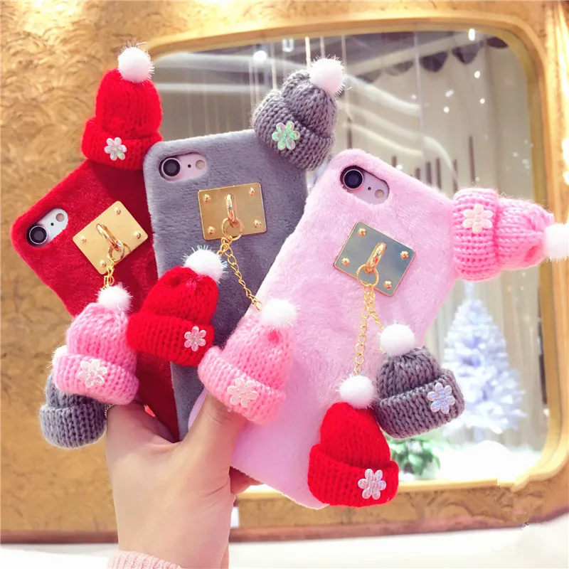 

2017 Christmas Pendant Knitted Hat Anti-knock Anti-skid Pink Plush Phone Cases Back Cover for iPhone 6 6s for iPhone 7 Case bag