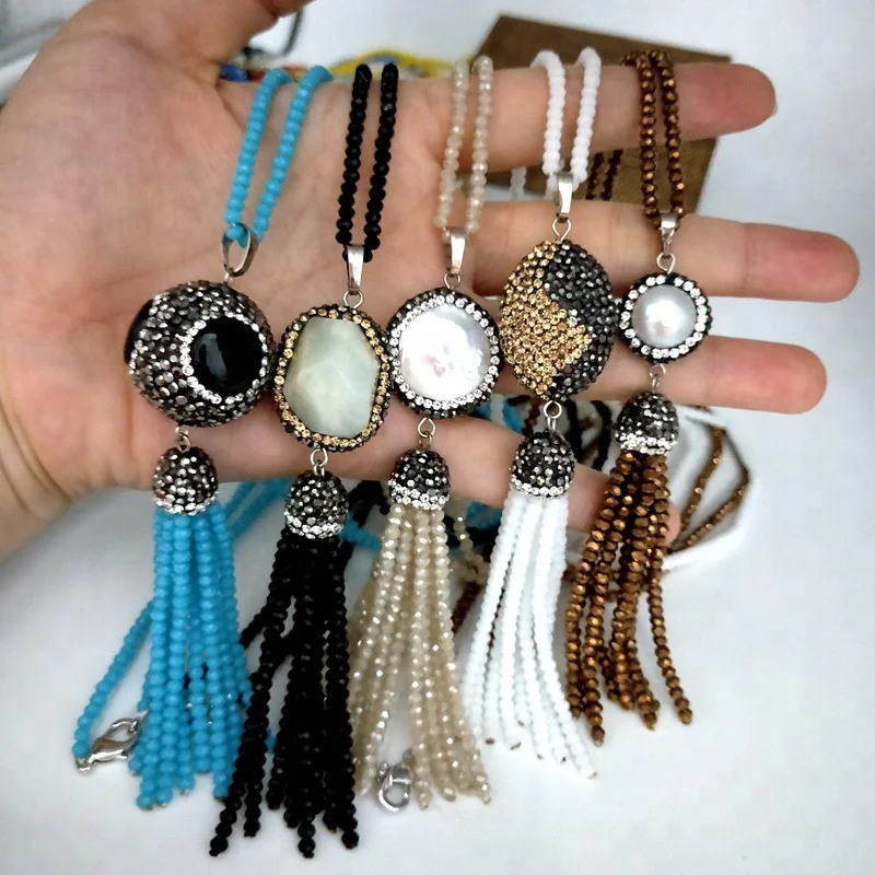 

Fashion boho tassel crystal necklace jewelry natural stone bead pave pendant beaded tassel necklaces, Multi colors