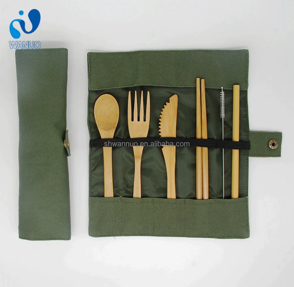 

WanuoCraft Eco Friendly 16cm Bamboo Spoon Fork Knife 18cm Straw Chopsticks Cutlery Flatware Sets in Canvas Pouch, Natural