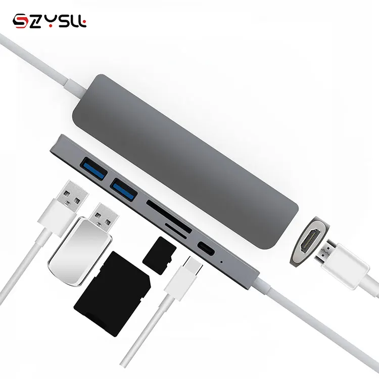 Type c 6 in 1 USB C  Gray  Type C HUB with SD/TF Card Reading 4K HD USB 3.0 Connector