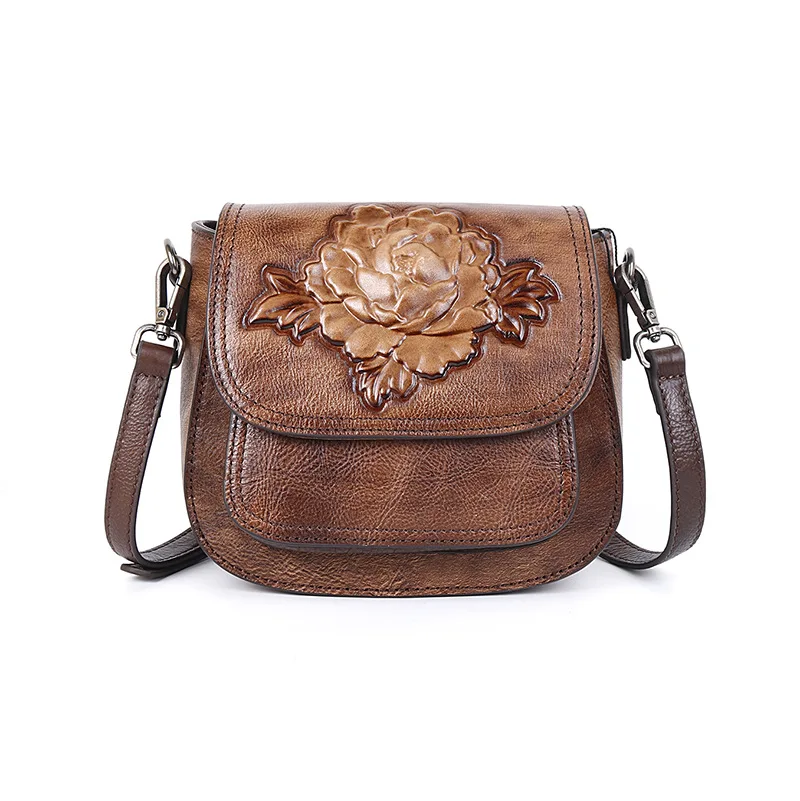 

2019 Retro Design Embossed Floral Brush Color Cowhide Leather Shoulder Handbags Small Sling Bags For Women