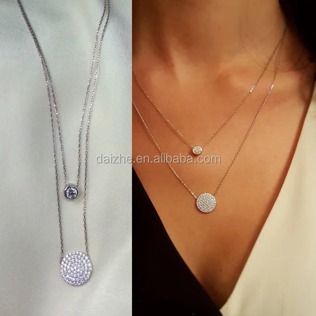 

yiwu factory fine micro pave cz disco pendant thin silver dainty delicate chain women jewelry fashion layer necklace