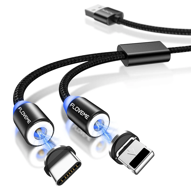 Free Shipping 2 in 1 Nylon Magnetic Charging Cable with 2 plug  FLOVEME 1.2 m LED Light  Magnet Charger USB Cable