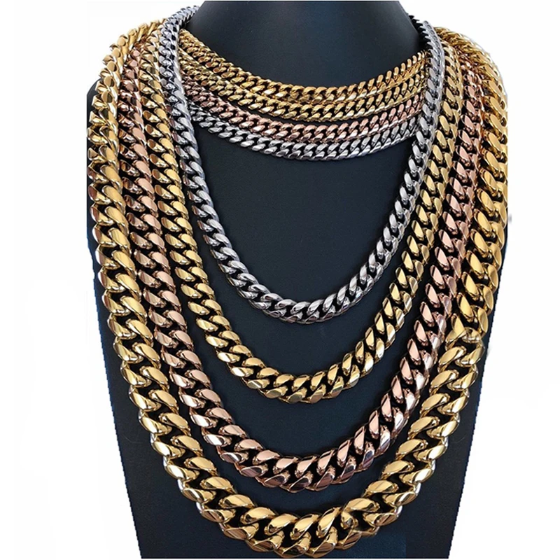 

Wholesale 8/10/12/14/16/18mm Mens stainless steel HipHop Gold Miami Cuban Link Chain Choker Necklace Custom Size HS2021X0870, Picture