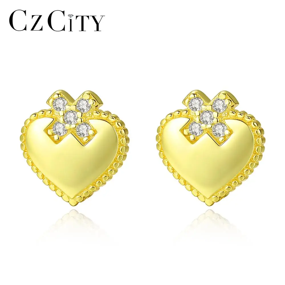 CZCITY  Female Models New Heart-Shaped Cubic Zirconia S925 Sterling Silver Stud Earrings