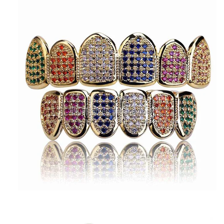 

Multi-Color Micro Pave CZ Bling Cubic Zirconia Teeth Grillz TG126-SG27, Silver,reall gold