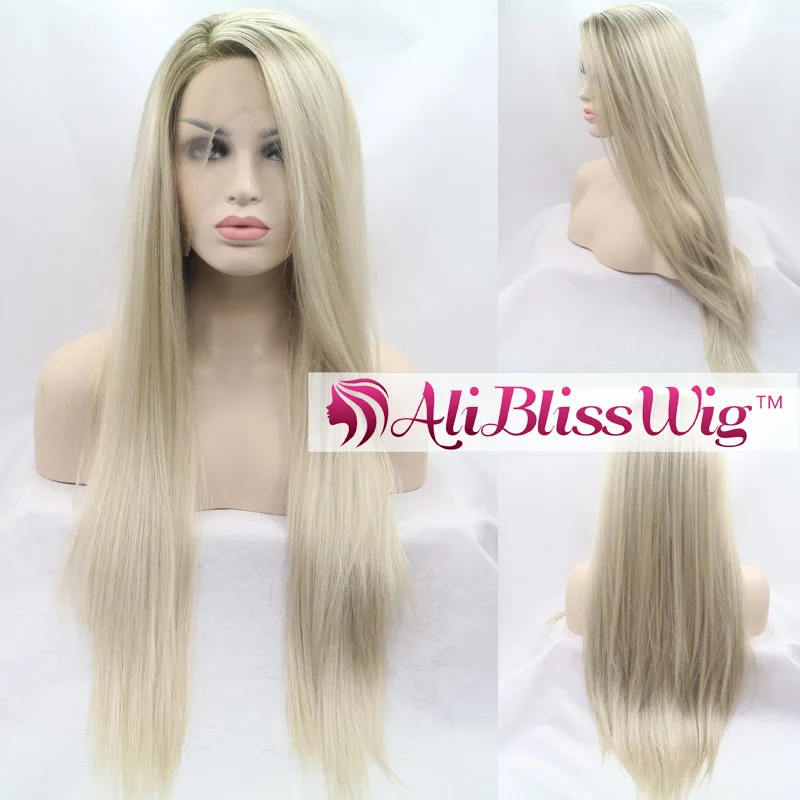 

Fashion Heat Resistant Fiber 22 Long Straight Brown Roots Two Tone Ombre Blonde Side Part Synthetic Lace Front Wig for Women