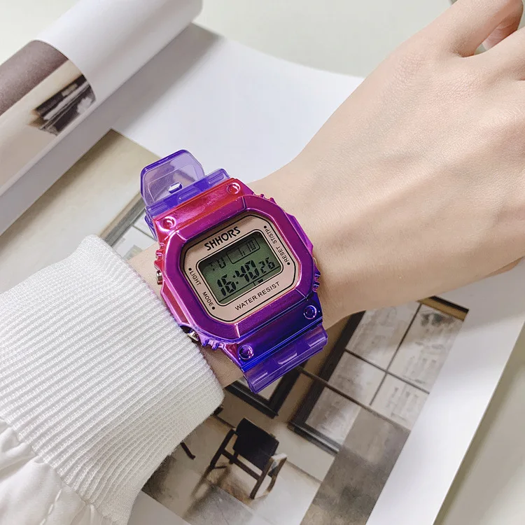 

2019 NEWEST Gradient Colour Clear Digital Men fashion trend watch clear plastic waterproof running watch, 4 color