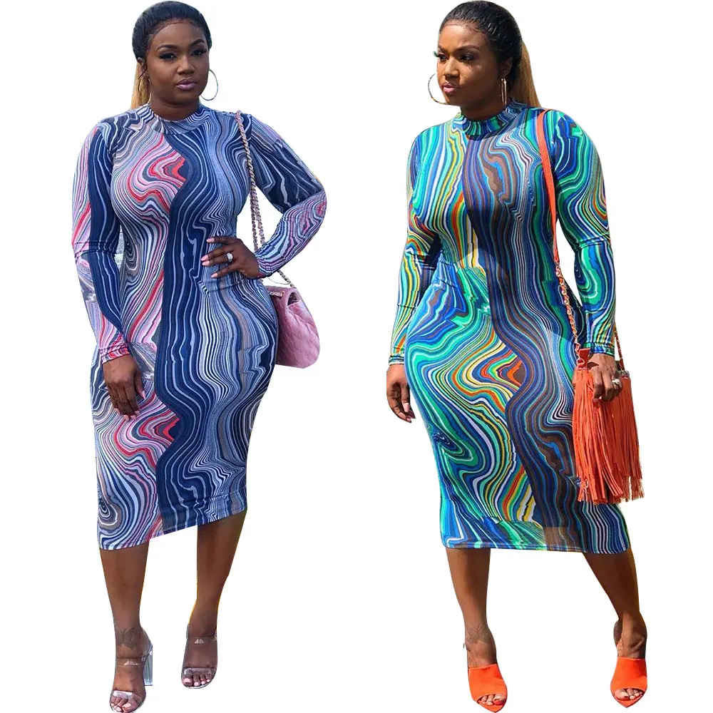 Fashion Style Printed Long Sleeved Skirt African Plus Size Dress Women Sexy