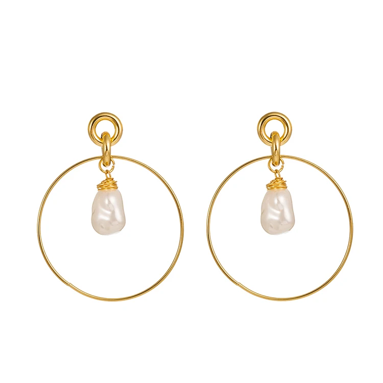 

Classical Gold Simple Double Circle With Wire Wrapped Pearl Dangle Hoop Earrings Brand Jewelry For Women