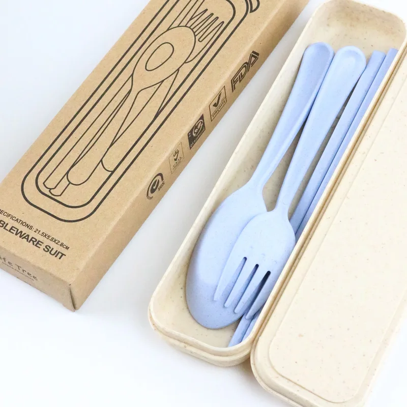 

Eco Friendly Adults Kids Natural Kitchen Utensils Products Tableware Fork Spoon Chopsticks Set Biodegradable Wheat Straw Cutlery, 4 color for selection