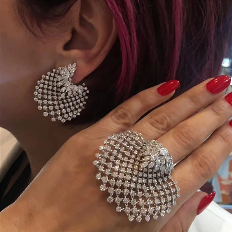 

Kaimei 2018 amazon new best sellers luxury elegant exaggerated big wedding full diamond silver ear ring earrings jewelry set, Many colors fyi
