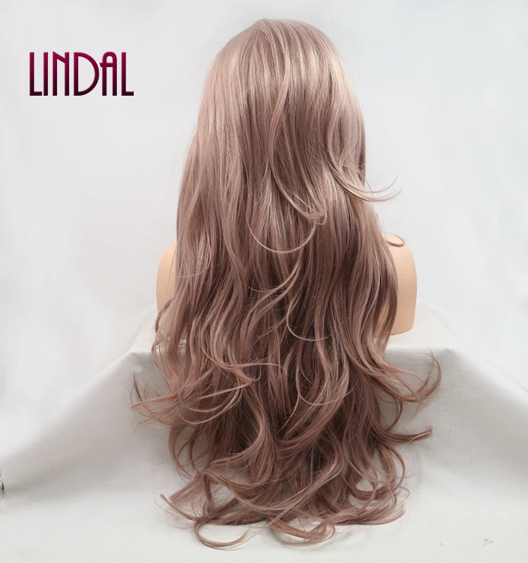 

Heat Resistant Fibre Smoke Pink Long Natural Wavy Synthetic Lace Front Hair Wig