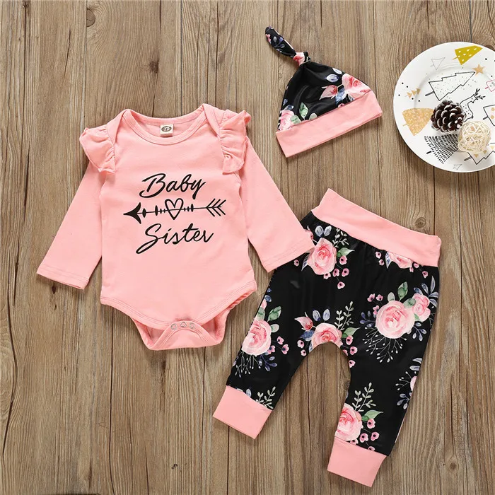 

Newborn Kids Baby Girl Cotton Tops Romper Pants Hat 3Pcs Outfits Set Clothes, Pink