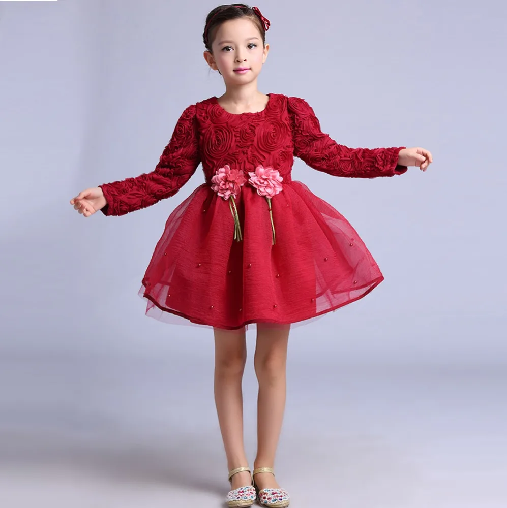

Casual Knee length Solid Long Sleeve Kids Dresses for Girls wine red Baby Girl Dress Spring Fall, As the picture