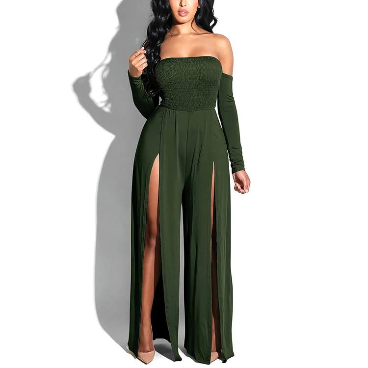 Wholesale Sexy High Split Leg Off The Shoulder Party Wear Women Long Sleeve Jumpsuit