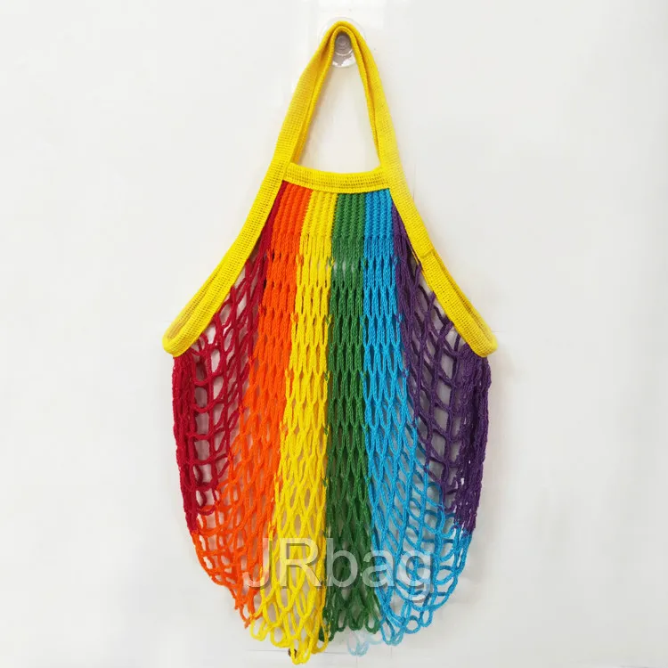 Manufacture Eco 100 Cotton French Style Rainbow Large Filter Ping Storage String Market Mesh Net Bags With Shoulder Straps Sting